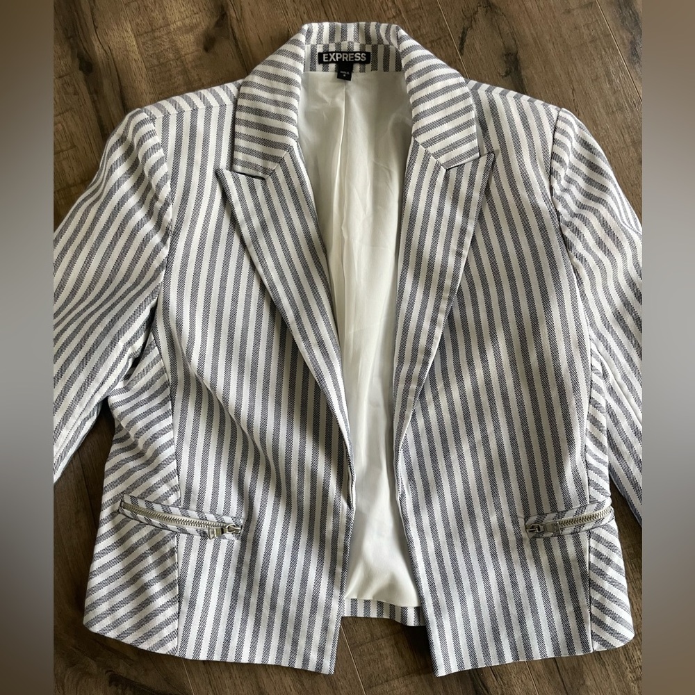 Express Striped Blazer Womens 2 Gray White Nautical Coastal Preppy Jacket - Picture 5 of 6